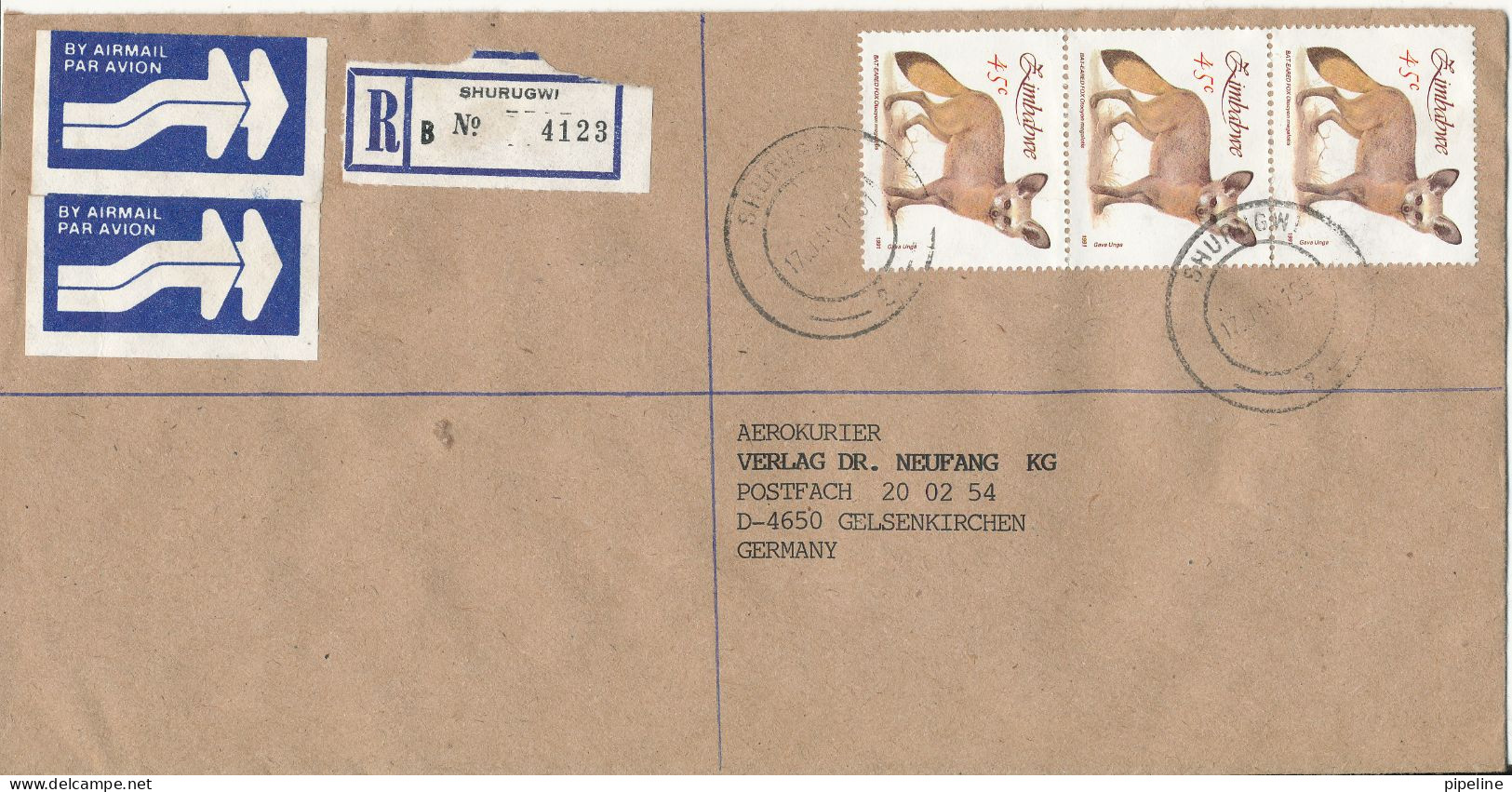 Zimbabwe Registered Cover Sent To Germany Shurugwi 16-1-1991 - Zimbabwe (1980-...)