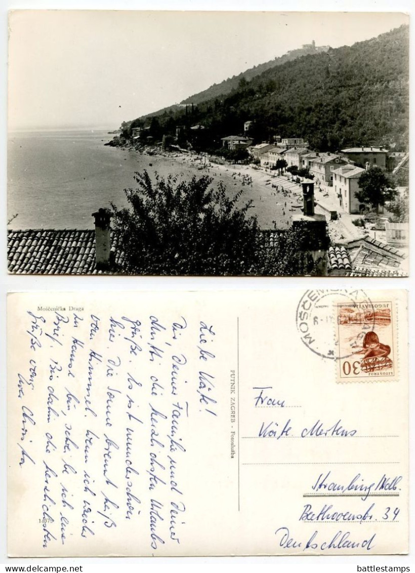 Yugoslavia 1967 RPPC Postcard Mošćenička Draga (Croatia) - Scenic View Of Beach; 30p Litostroy Turbine Factory Stamp - Jugoslavia