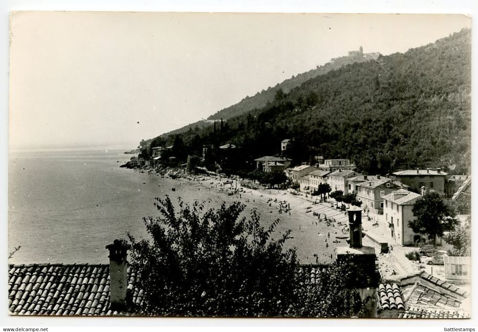 Yugoslavia 1967 RPPC Postcard Mošćenička Draga (Croatia) - Scenic View Of Beach; 30p Litostroy Turbine Factory Stamp - Jugoslavia