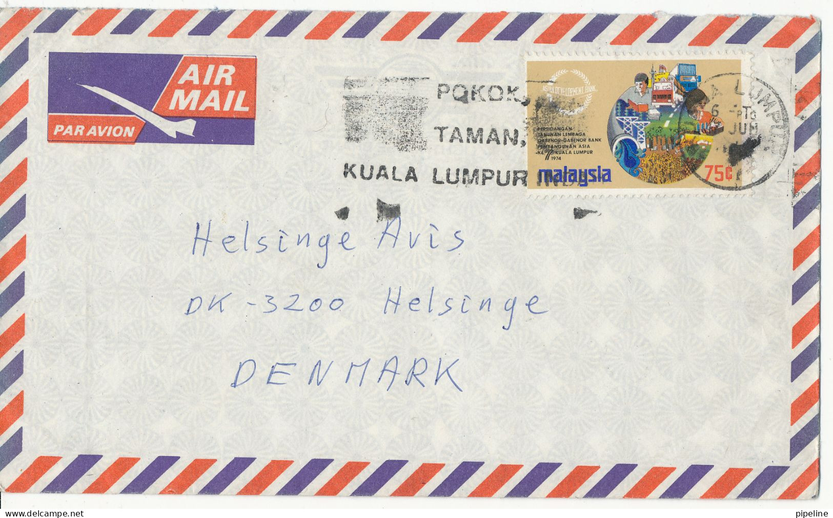 Malaysia Air Mail Cover Sent To Denmark 1974 Single Stamp - Malaysia (1964-...)