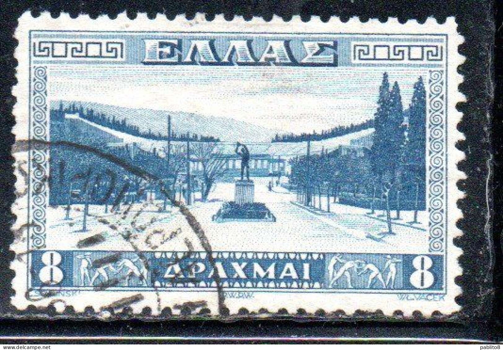 GREECE GRECIA HELLAS 1934 APPROACH TO ATHENS STADIUM 8d USED USATO OBLITERE' - Used Stamps