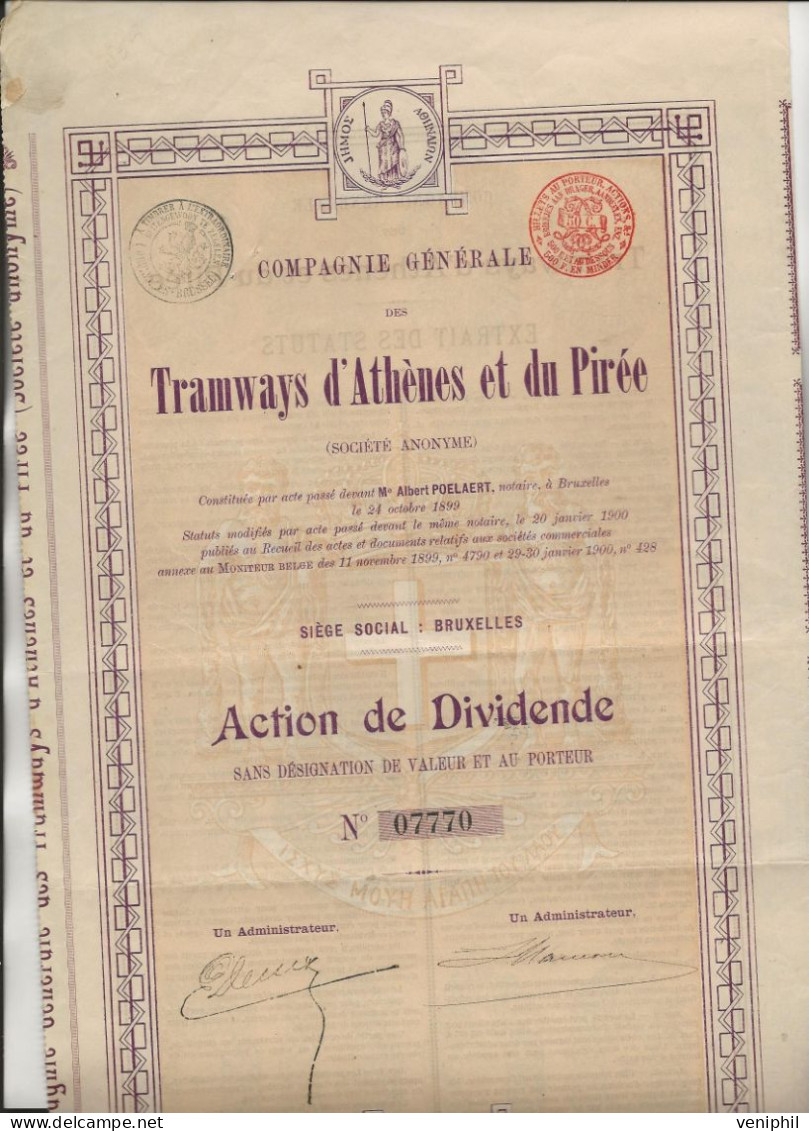 COMPAGNIE GENERALE DES TRAMWAYS D'ATHENES ET DU PIREE -ACTION DE DIVIDENDE -ANNEE 1900 - Agricoltura