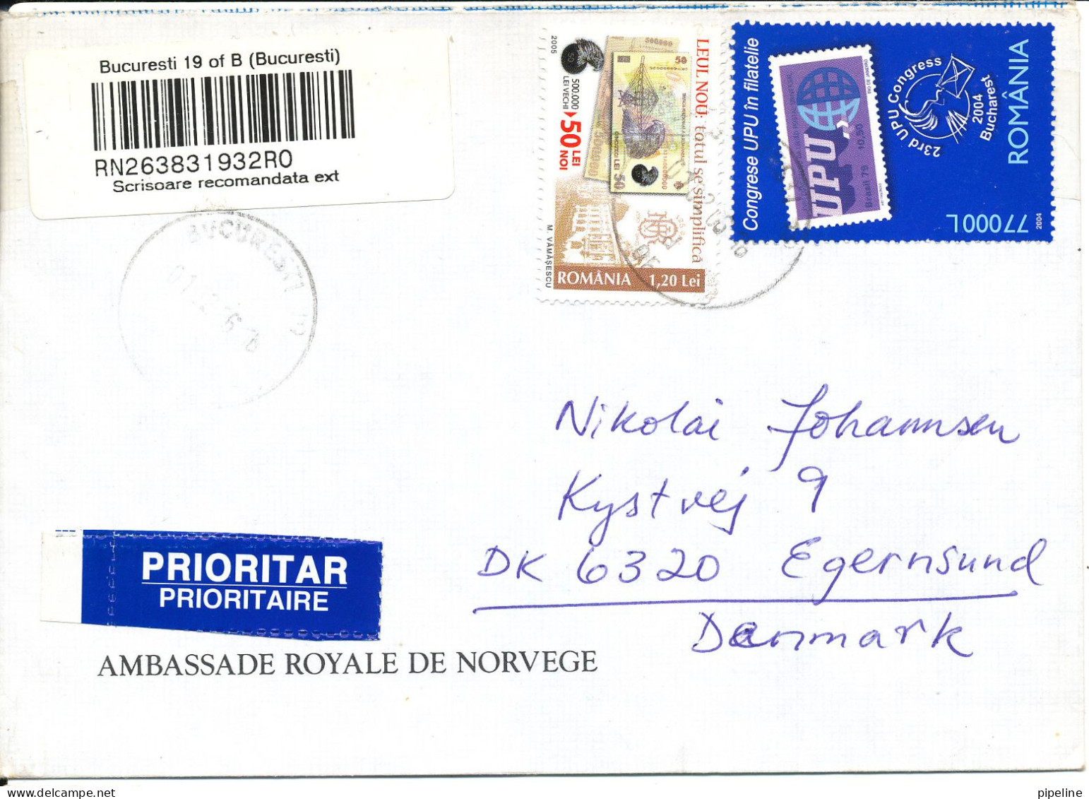 Romania Registered Cover Sent To Denmark 1-2-2005 - Covers & Documents