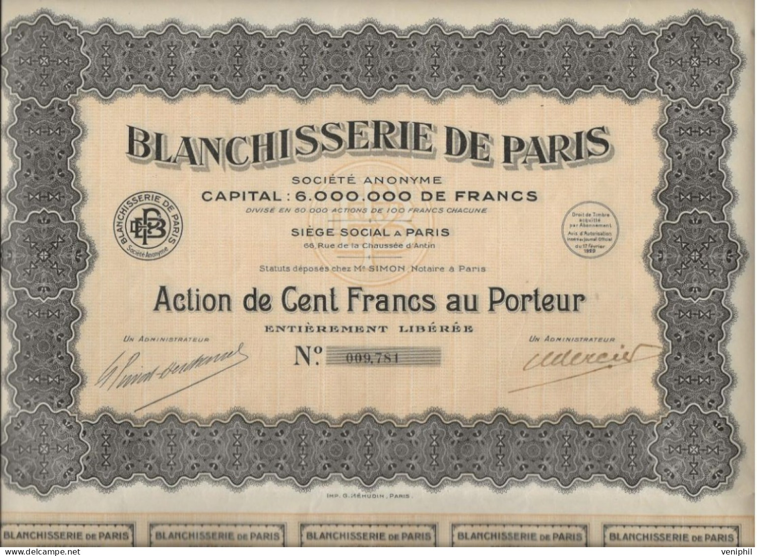 BLANCHISSERIE DE PARIS - LOT DE 2 ACTIONS DE CENT FRANCS - ANNEE 1929 - Tessili