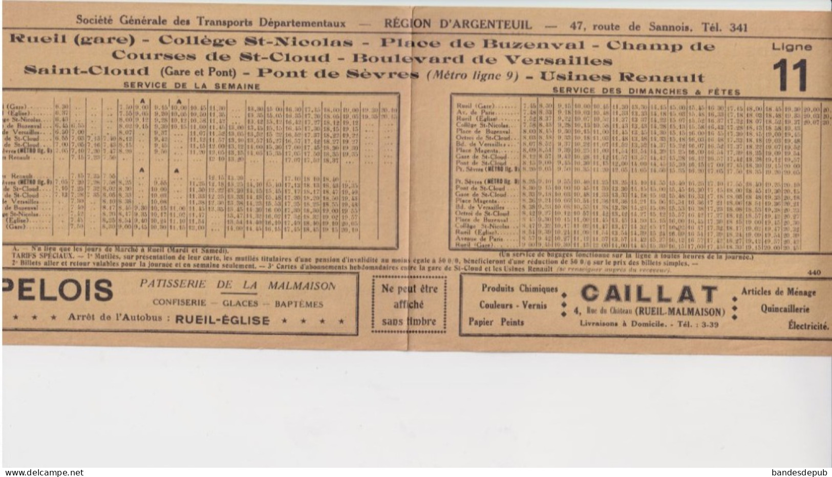 Horaire Ligne 11 Autobus Argenteuil 1934 Rueil Buzenval St Cloud Pont Sèvres Usines Renault Pub Dentiste COSTE Cidre - Altri & Non Classificati