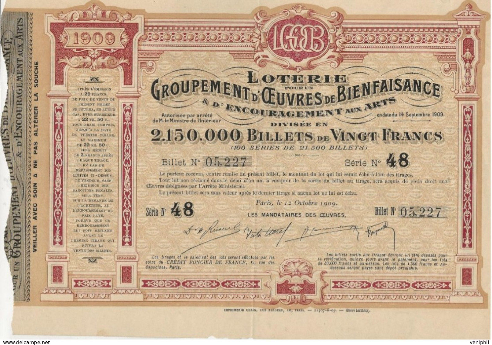 LOTERIE POUR UN GROUPEMENT D'OEUVRES DE BIENFAISANCE D'ENCOURAGEMENT AUX ARTS  DIVISE EN BILLETS DE VINGT FRS - 1909 - Andere & Zonder Classificatie