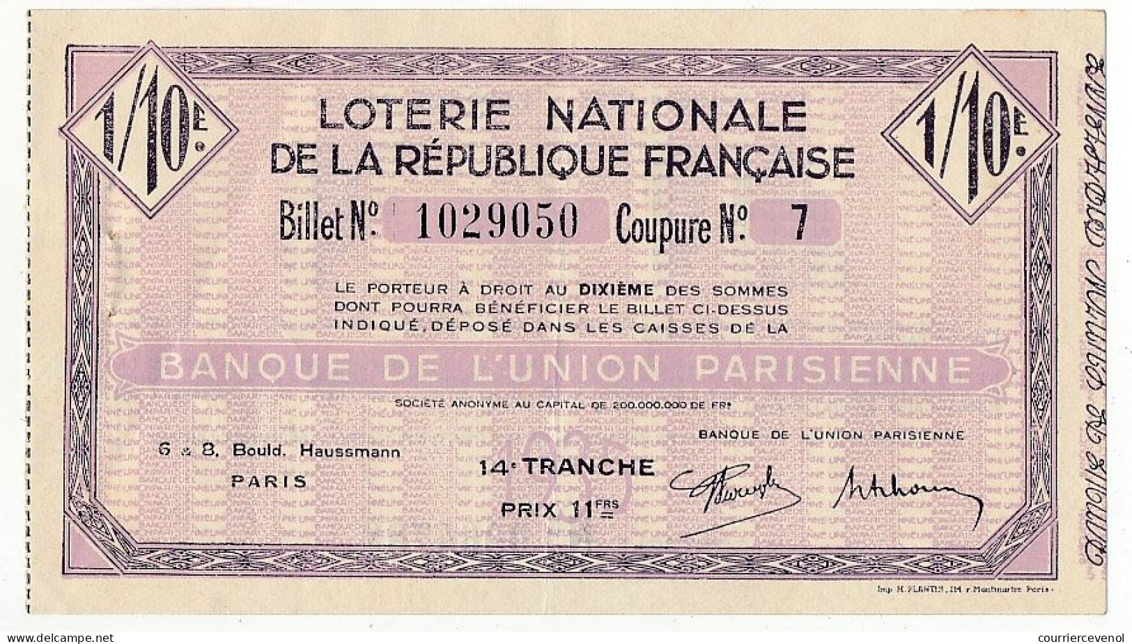 FRANCE - Loterie Nationale De La République Française - Banque De L'Union Parisienne - 1/10ème 14ème Tr. 1935 - Loterijbiljetten