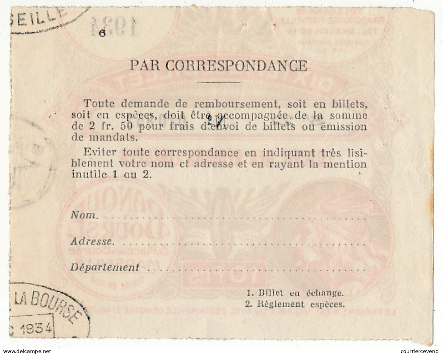 FRANCE - Loterie Des Régions Libérées - Banque De La Bourse Marseille - 1/10ème - 1934 - Biglietti Della Lotteria