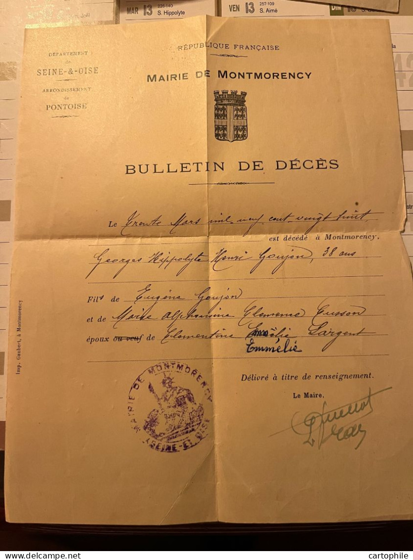 Bulletin De Deces De Georges Goujon En 1928 à 38 Ans - Mairie De Montmorency - Manuscripts