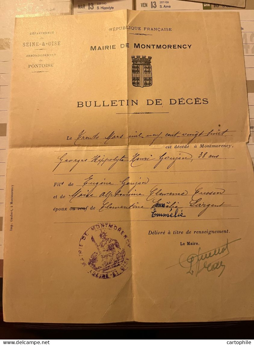 Bulletin De Deces De Georges Goujon En 1928 à 38 Ans - Mairie De Montmorency - Manuscrits