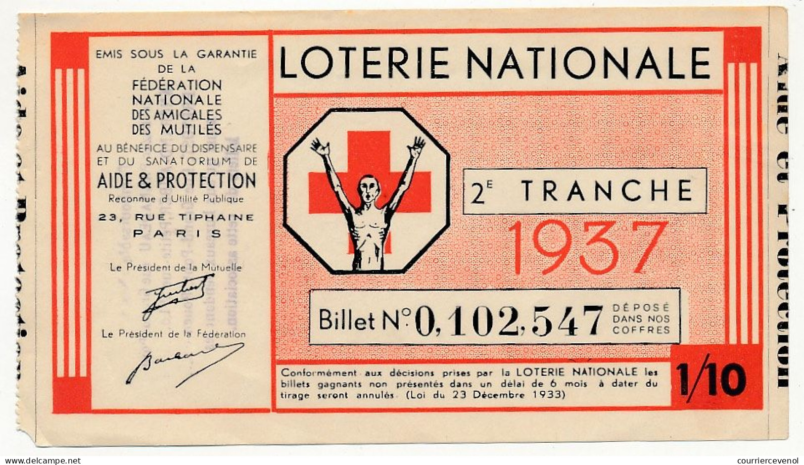 FRANCE - Loterie Nationale - Fédération Nationale Des Mutilés - 2em Tranche 1937 - 1/10ème - Billetes De Lotería