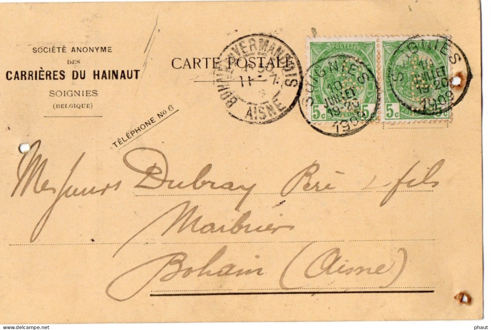 Perforation CdH Carrières Du Hainaut SOIGNIES Sur Carte Commerciale - 1909-34