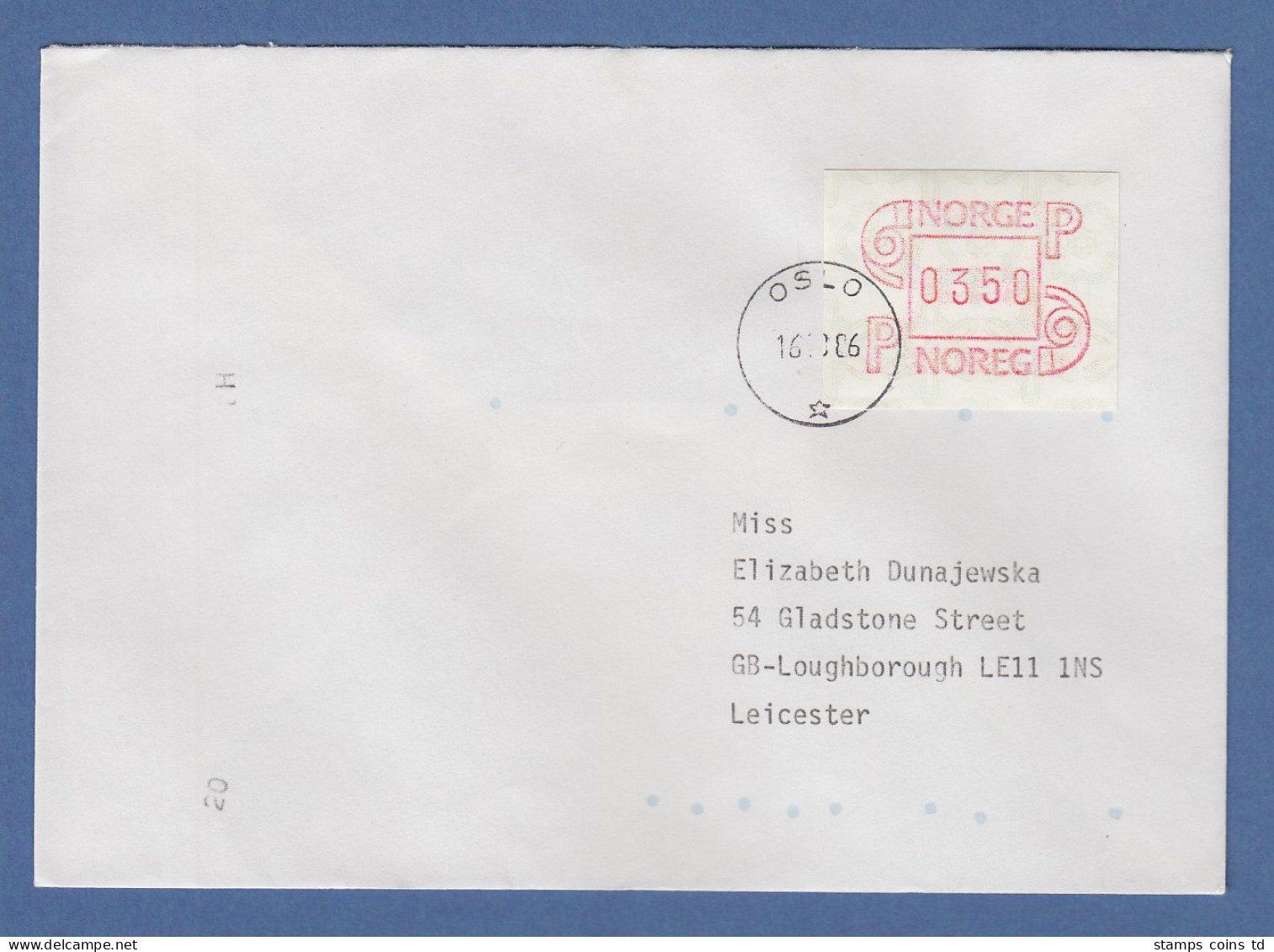 Norwegen 1986 FRAMA-ATM Mi.-Nr. 3.2b Wert 0350 Auf FDC OSLO 16.10.86 -> GB - Machine Labels [ATM]