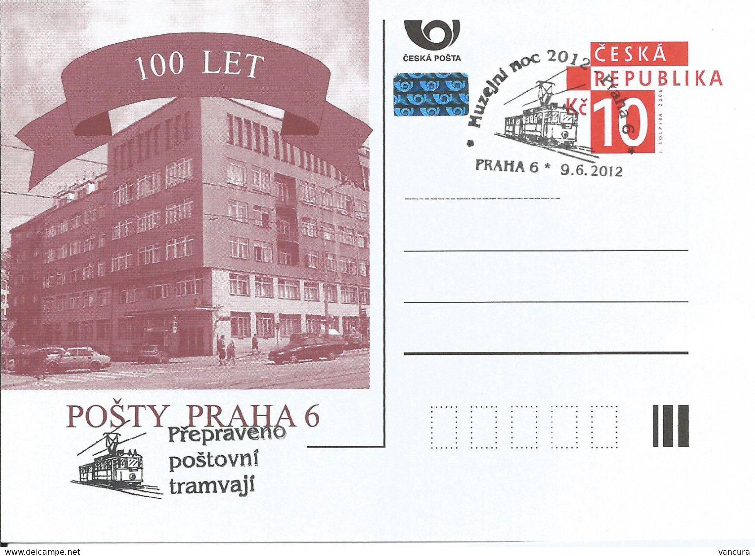 CDV C Czech Republic Centenary Of The Post Office Of Prague 6 2012 Tramway Cancel - Tram