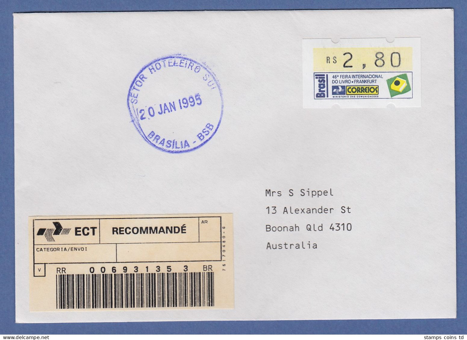 Brasilien ATM Frankfurter Buchmesse 1994 Mi.-Nr. 6 Wert 2,80 Auf R-Brief O Blau - Franking Labels