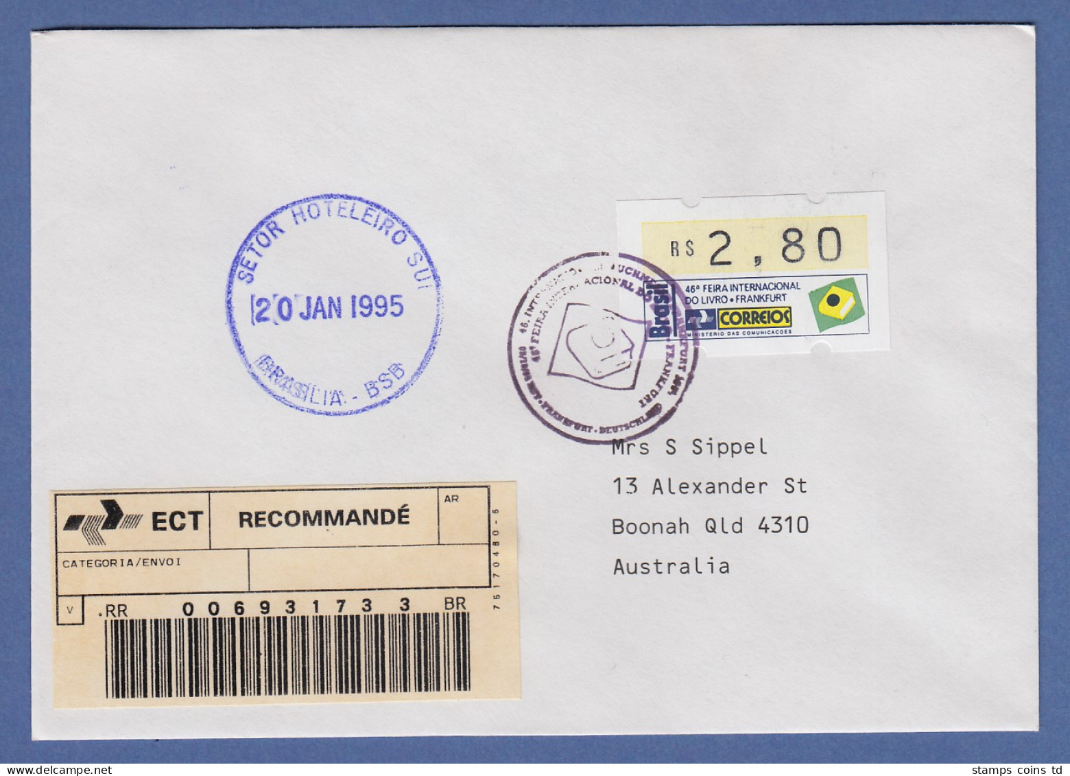 Brasilien ATM Frankfurter Buchmesse 1994 Mi.-Nr. 6 Wert 2,80 Auf R-Brief  O Bl. - Franking Labels