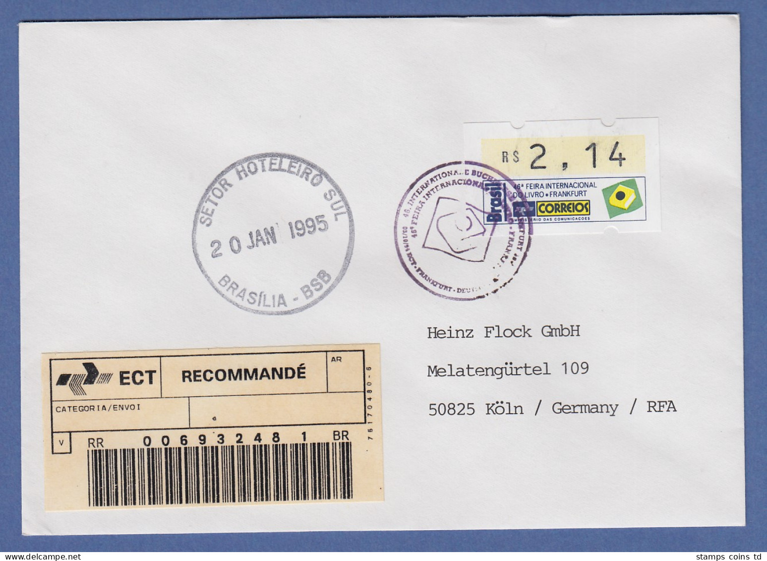 Brasilien ATM Frankfurter Buchmesse 1994 Mi.-Nr. 6 Wert 2,14 Auf R-Brief  O Sw. - Automatenmarken (Frama)