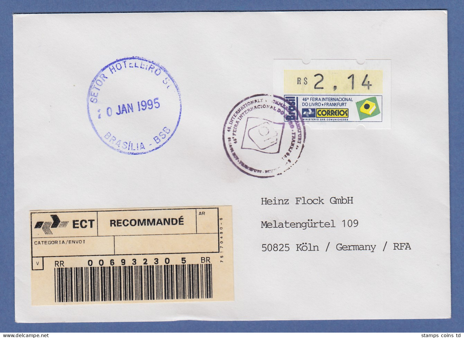 Brasilien ATM Frankfurter Buchmesse 1994 Mi.-Nr. 6 Wert 2,14 Auf R-Brief  O Bl. - Franking Labels