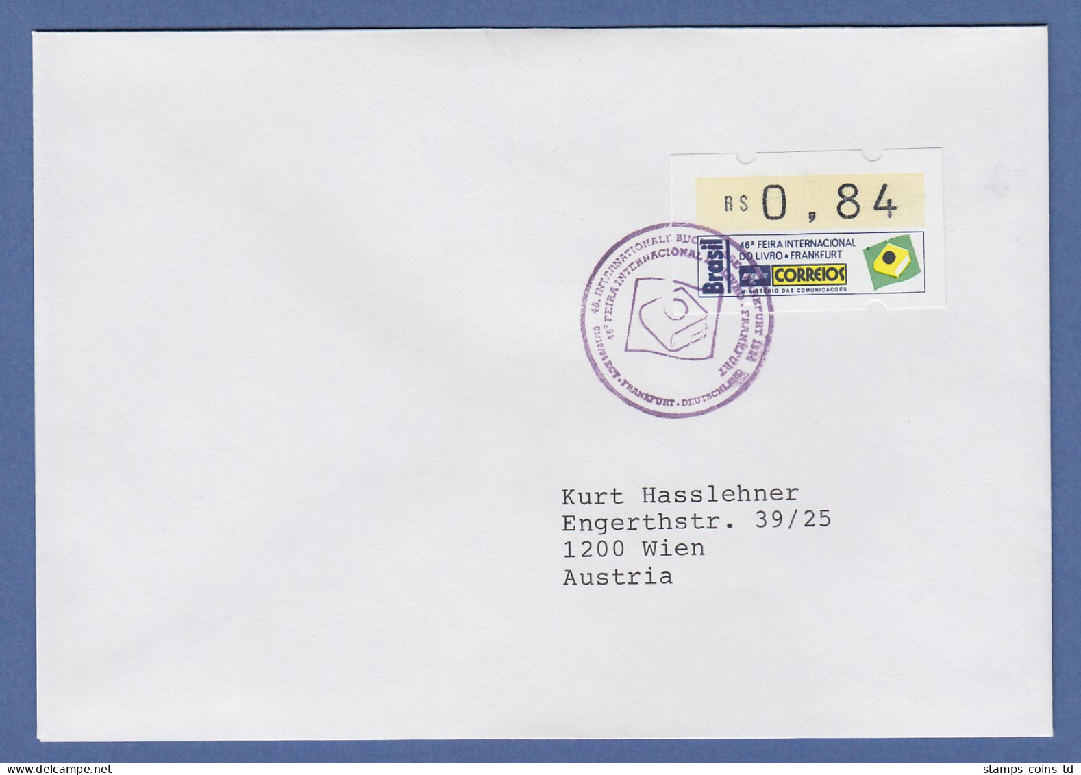 Brasilien ATM Frankfurter Buchmesse 1994 Mi.-Nr. 6 Wert 0,84 Auf Brief Mit So.-O - Franking Labels