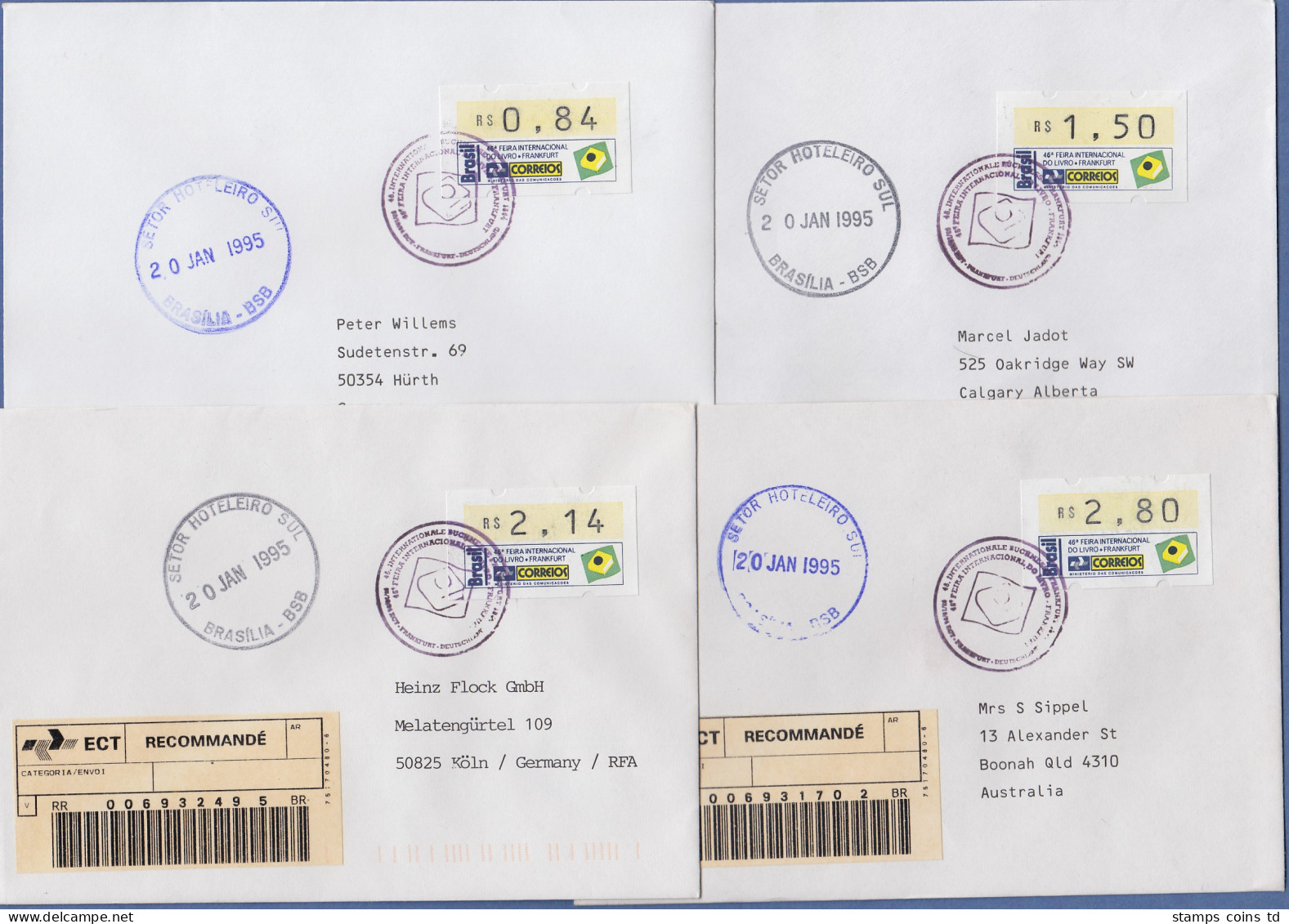 Brasilien ATM Frankfurter Buchmesse 1994 Satz 84-150-214-280 Auf 4 Gel. Briefen - Franking Labels