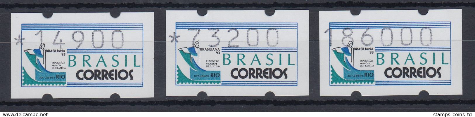 Brasilien ATM BRASILIANA'93, Mi.-Nr. 5, Satz 14900-73200-18600 ** - Automatenmarken (Frama)