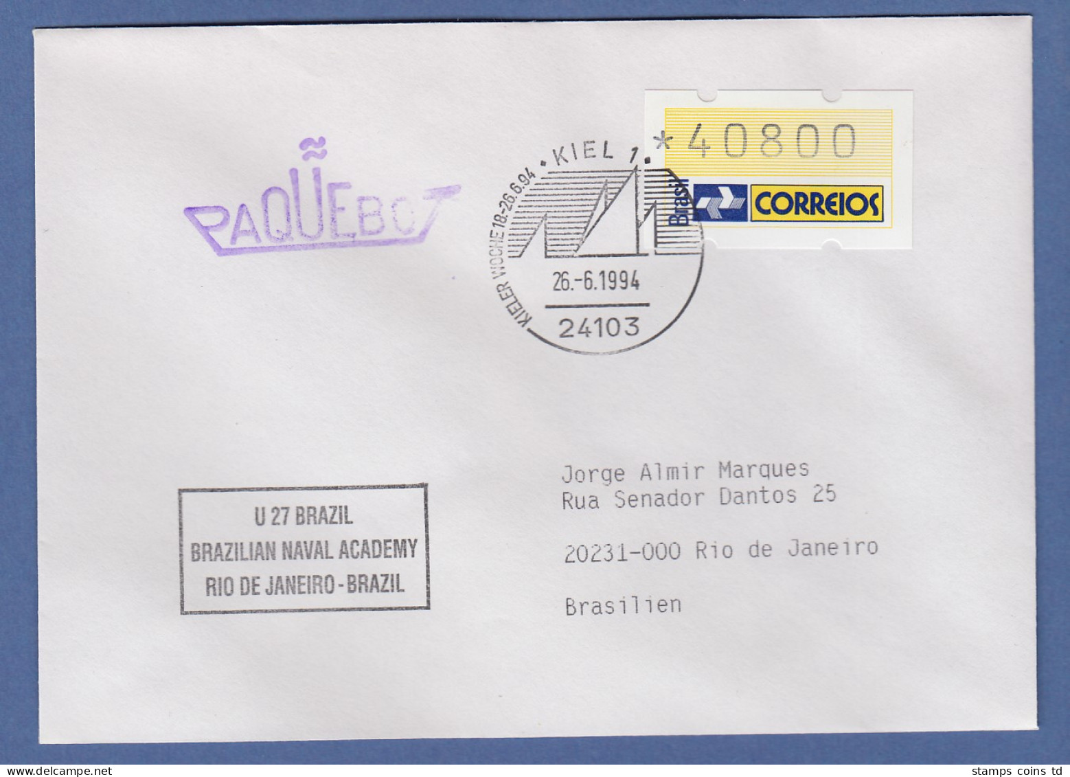 Brasilien ATM Dauerausgabe, Mi.-Nr. 4, Wert 40800 Auf Paquebot-Brief, O Kiel - Franking Labels