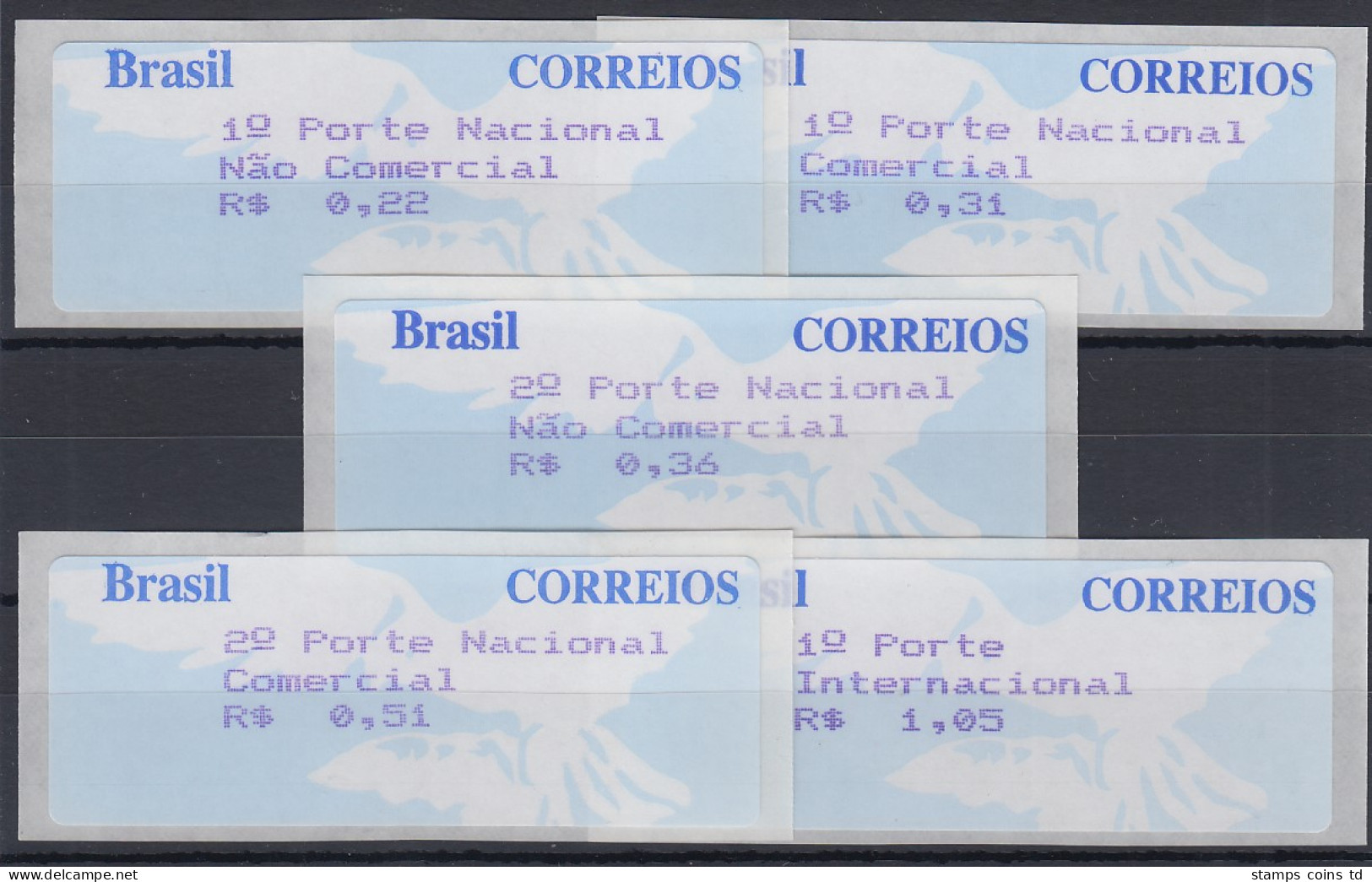 Brasilien Selbstkl. ATM 1997, Wert 3-stellig, Satz 5 Werte  22-31-36-51-105 ** - Franking Labels