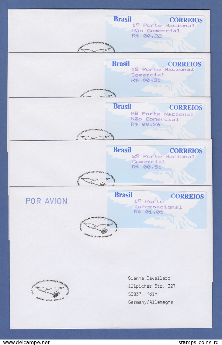 Brasilien Procomp ATM 1997, 4-stellig, Satz 1. Tarif 5 Werte Auf 5 FDC's  SELTEN - Franking Labels