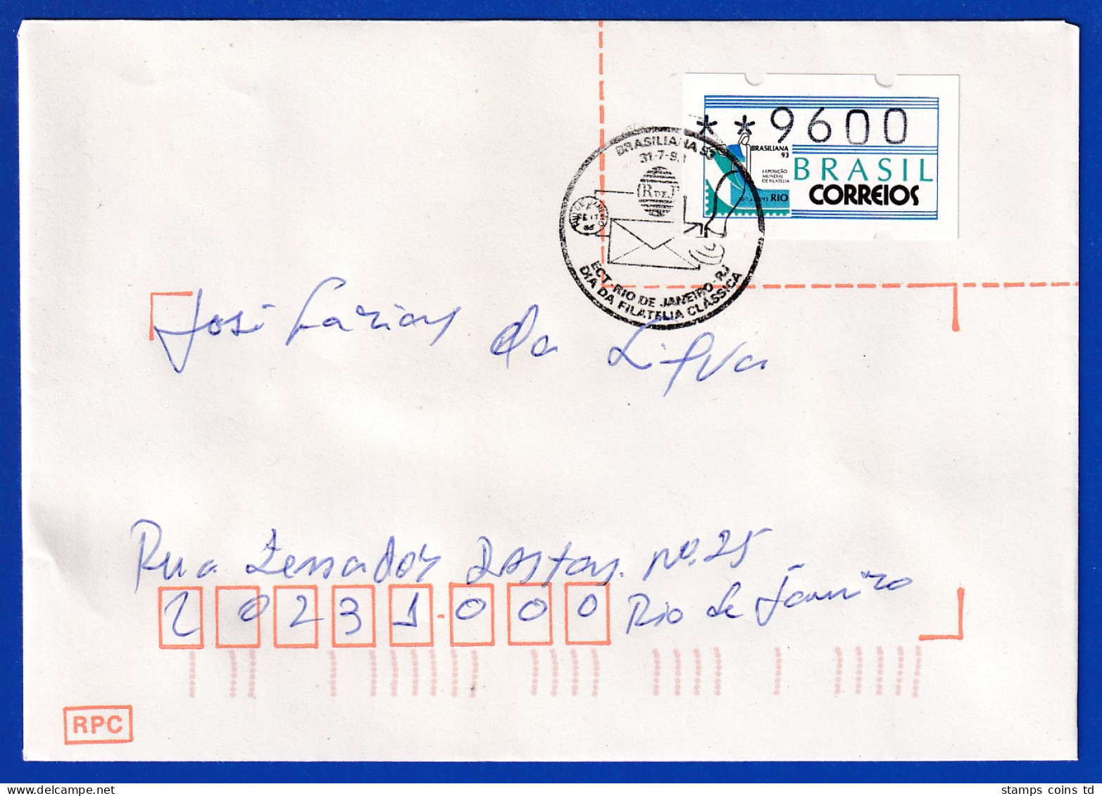 Brasilien ATM BRASILIANA'93, Mi.-Nr. 5 Wert 9600 Cr. Auf Inl.-Brief, O 31.7.93 - Viñetas De Franqueo (Frama)