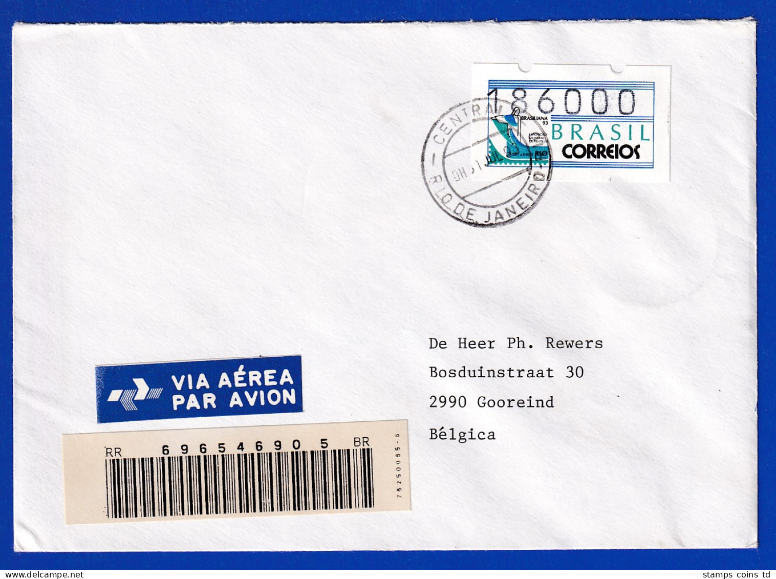 Brasilien ATM BRASILIANA'93  Wert 186000 Cr. Auf Auslands-R.-Brief, O 31.7.93 - Viñetas De Franqueo (Frama)