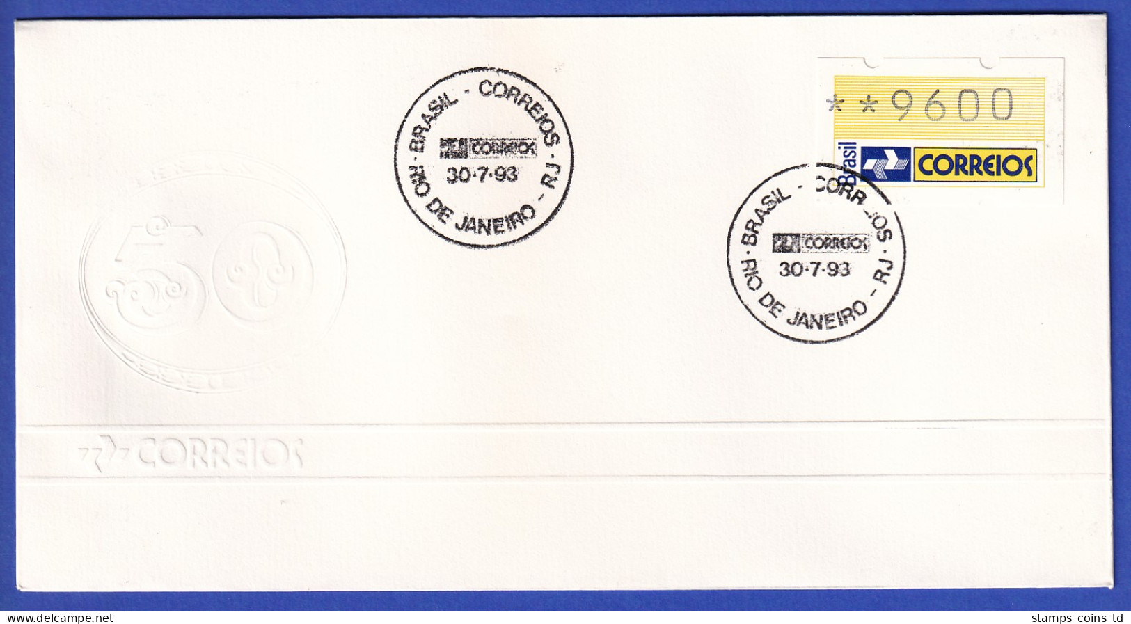 Brasilien 1993 ATM Postemblem Wert 9600 Auf Offiz. FDC Mit So-O 30.7.93 - Frankeervignetten (Frama)