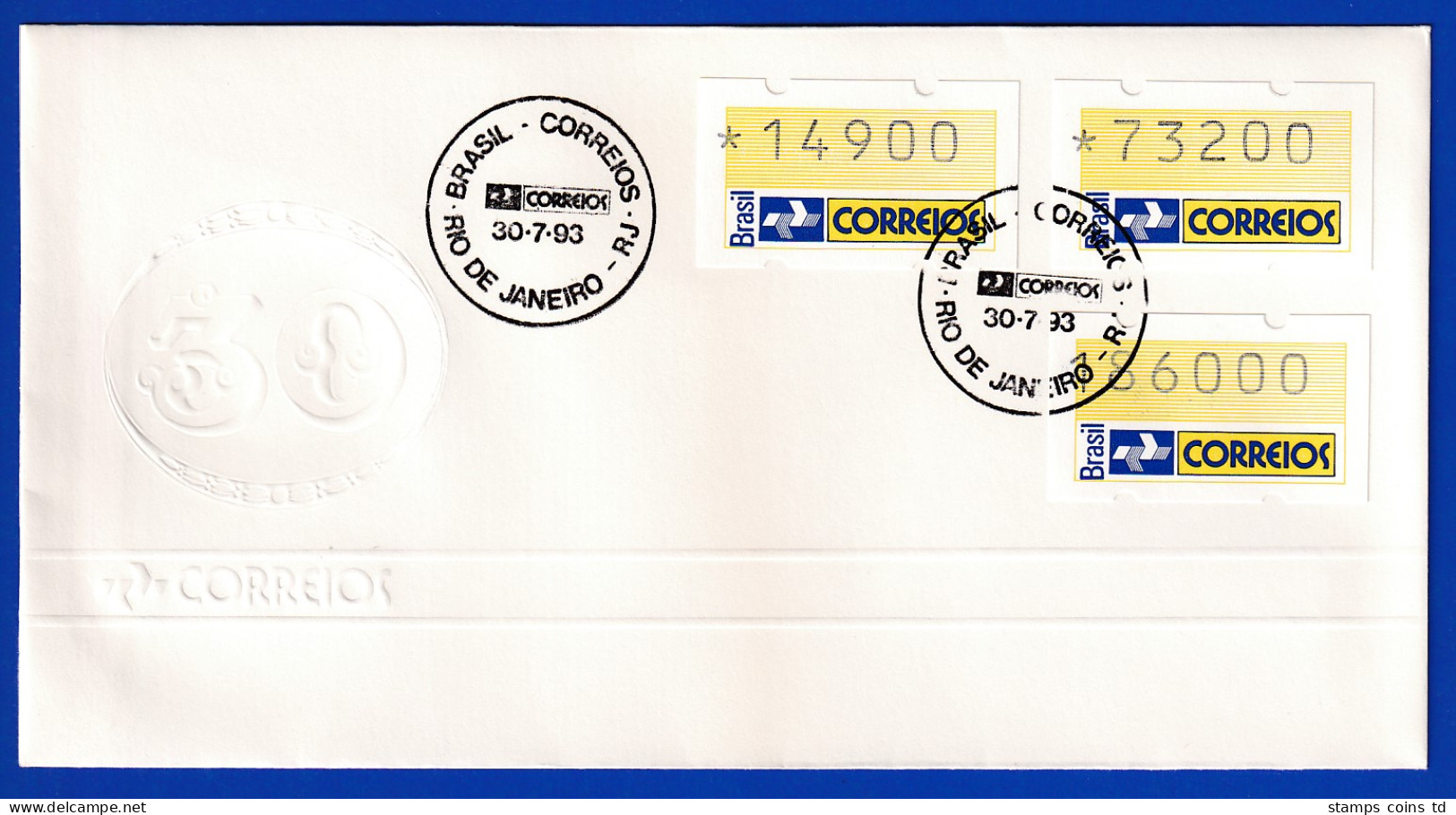 Brasilien 1993 ATM Postemblem Satz 14900-73200-186000 Auf  FDC Mit So-O 30.7.93 - Automatenmarken (Frama)