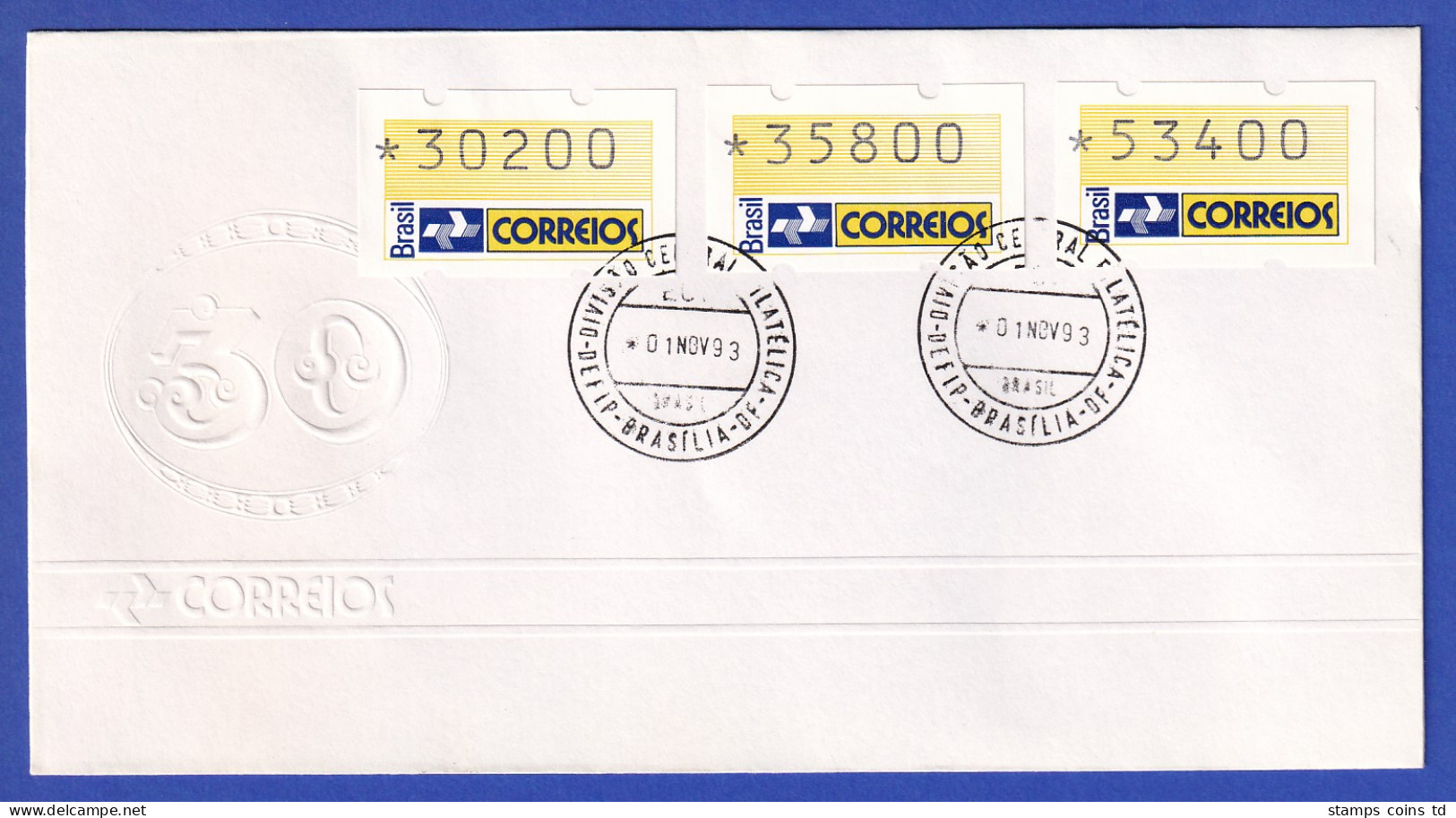 Brasilien 1993 ATM Postemblem Satz 30200-35800-53400 Auf  FDC Mit O 1.11.93 - Viñetas De Franqueo (Frama)