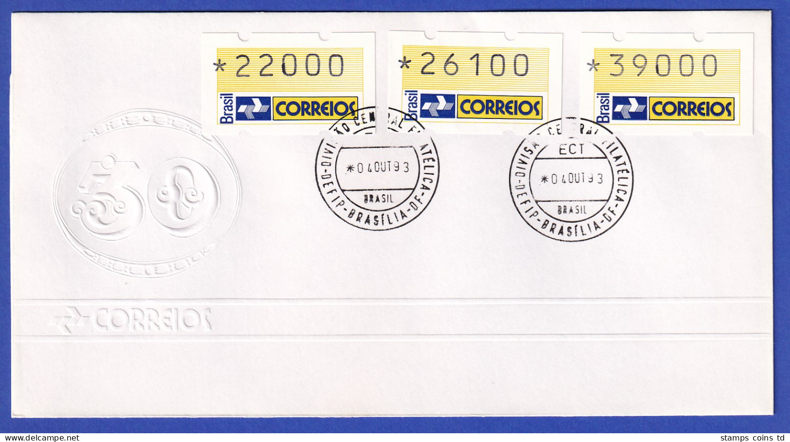 Brasilien 1993 ATM Postemblem Satz 22000-26100-39000 Auf  FDC Mit O 4.10.93 - Frankeervignetten (Frama)