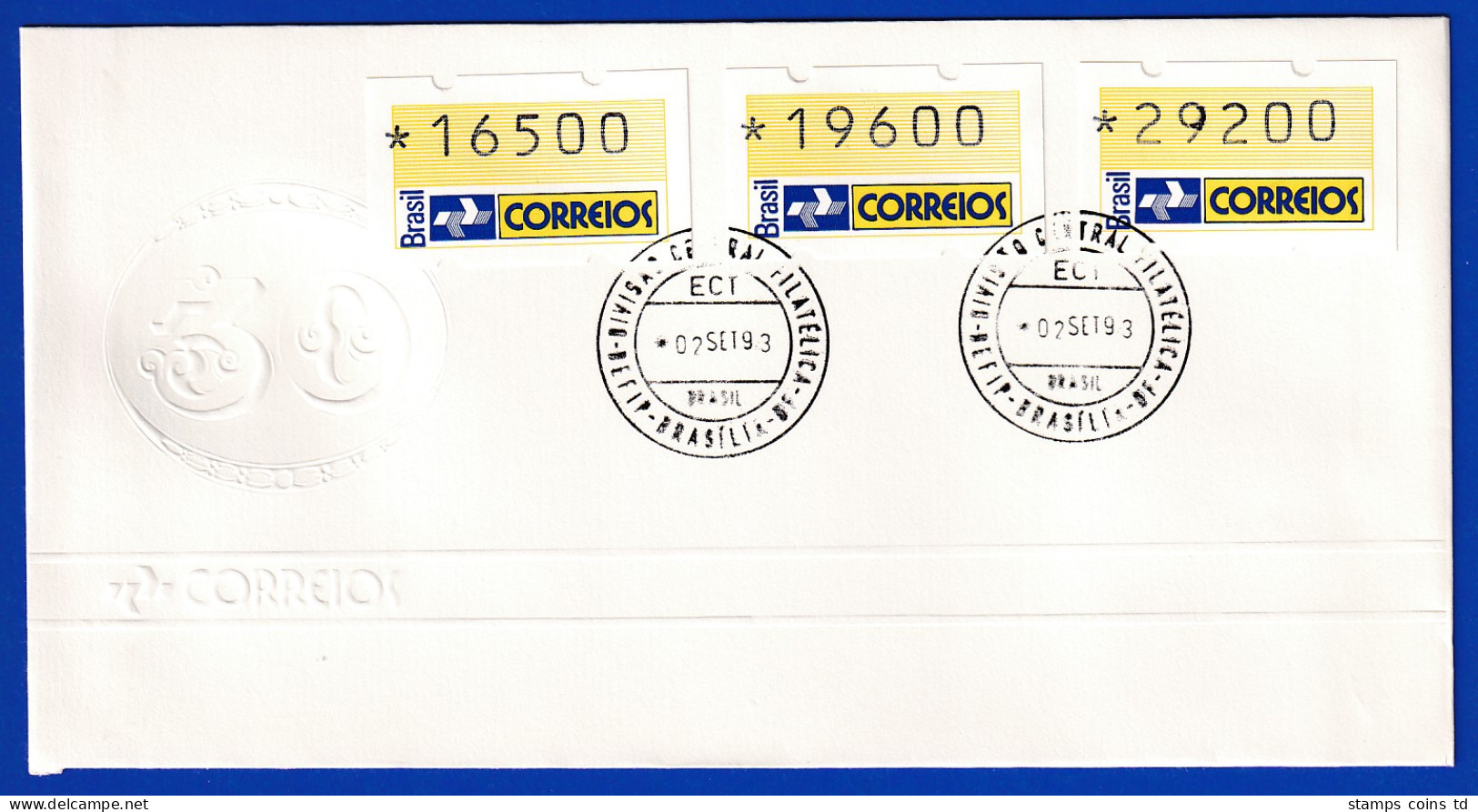 Brasilien 1993 ATM Postemblem Satz 16500-19600-29200 Auf  FDC Mit O 2.9.93 - Automatenmarken (Frama)