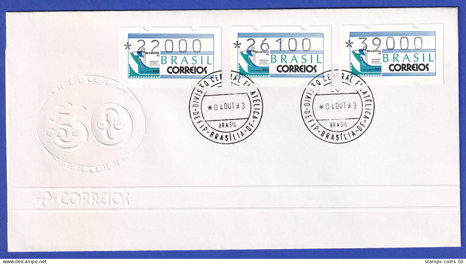 Brasilien ATM BRASILIANA'93 Satz 22000-26100-39000 Auf FDC Mit O 4.10.93 - Automatenmarken (Frama)