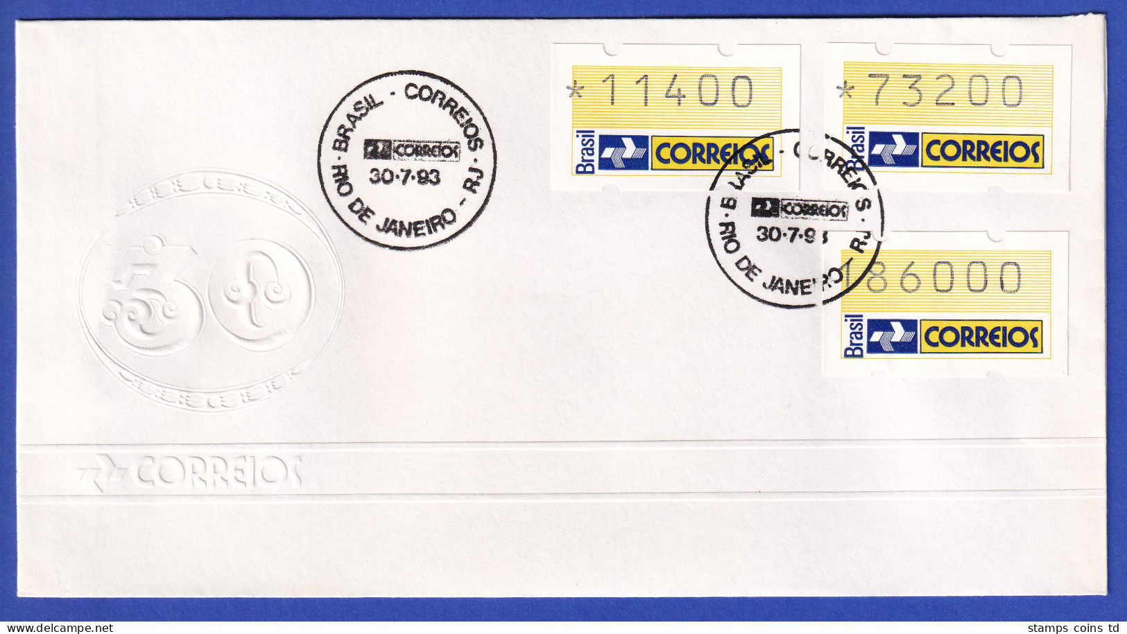 Brasilien 1993 ATM Postemblem Satz 11400-73200-186000 Auf  FDC Mit So-O 30.7.93 - Automatenmarken (Frama)