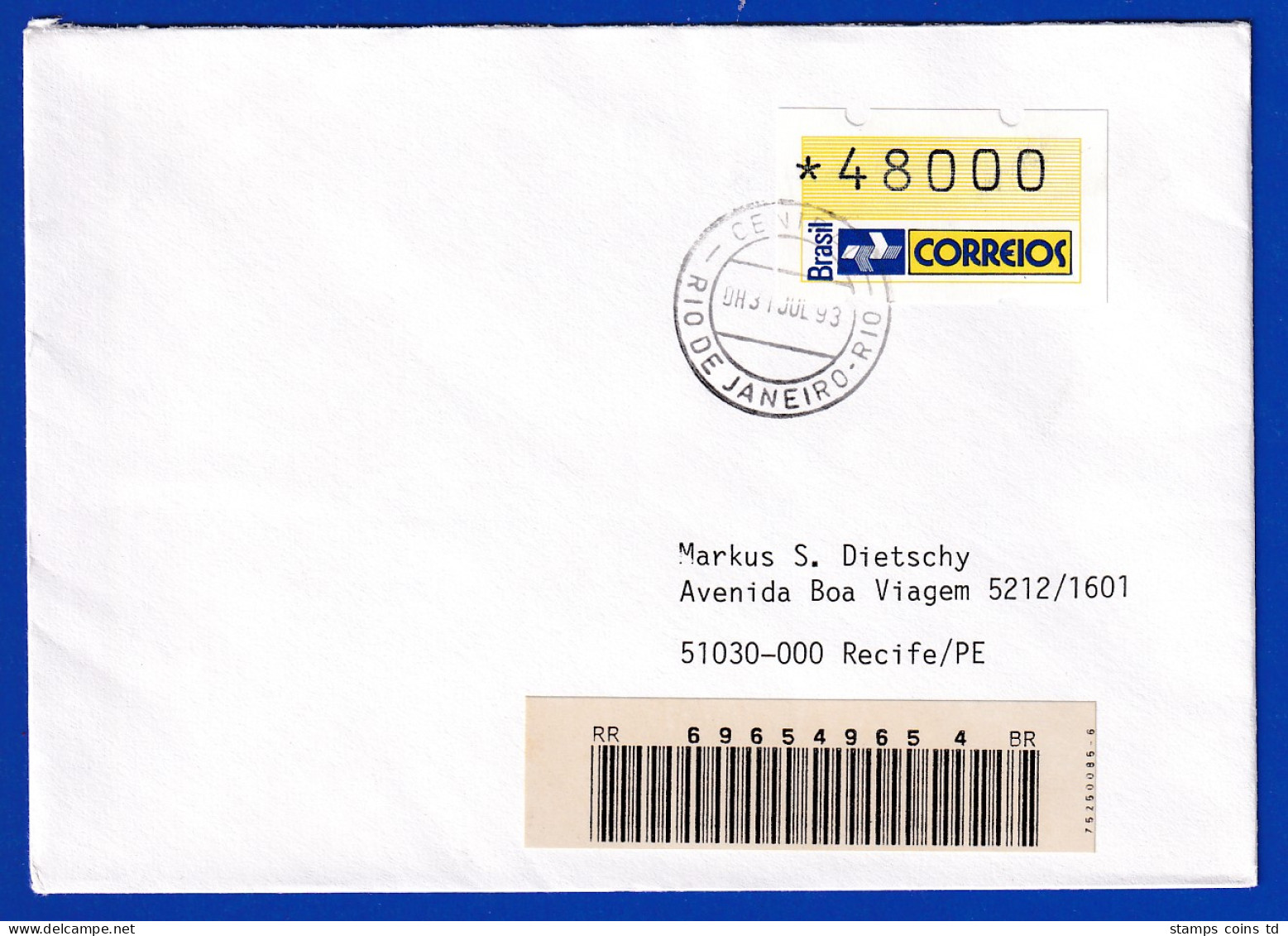 Brasilien 1993 ATM Postemblem Wert 48000 Auf Inlands-R-Brief  Mit O 31.7.93 - Franking Labels