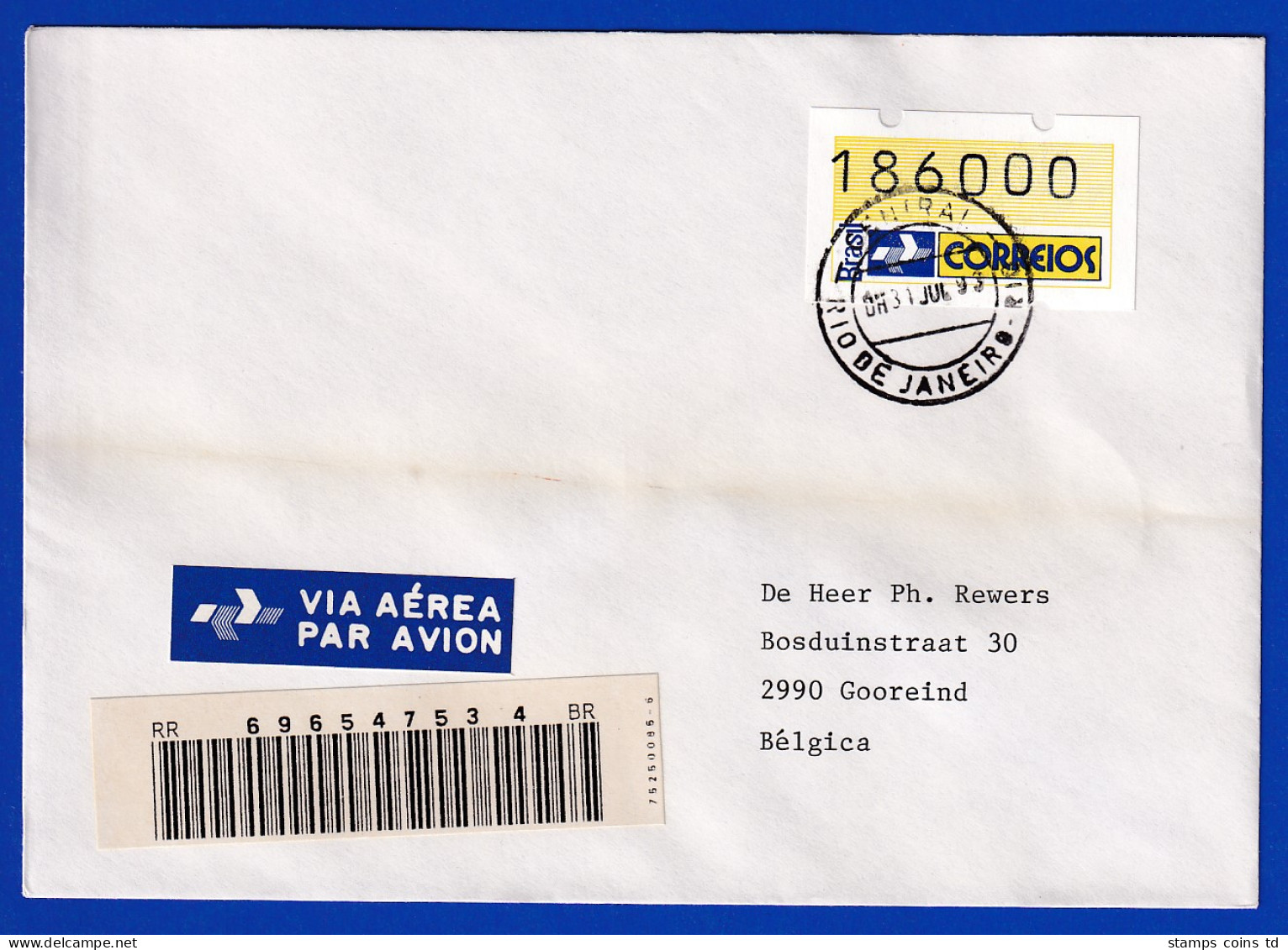 Brasilien 1993 ATM Postemblem Wert 186000 Auf Auslands-R-Brief  Mit O 31.7.93 - Franking Labels