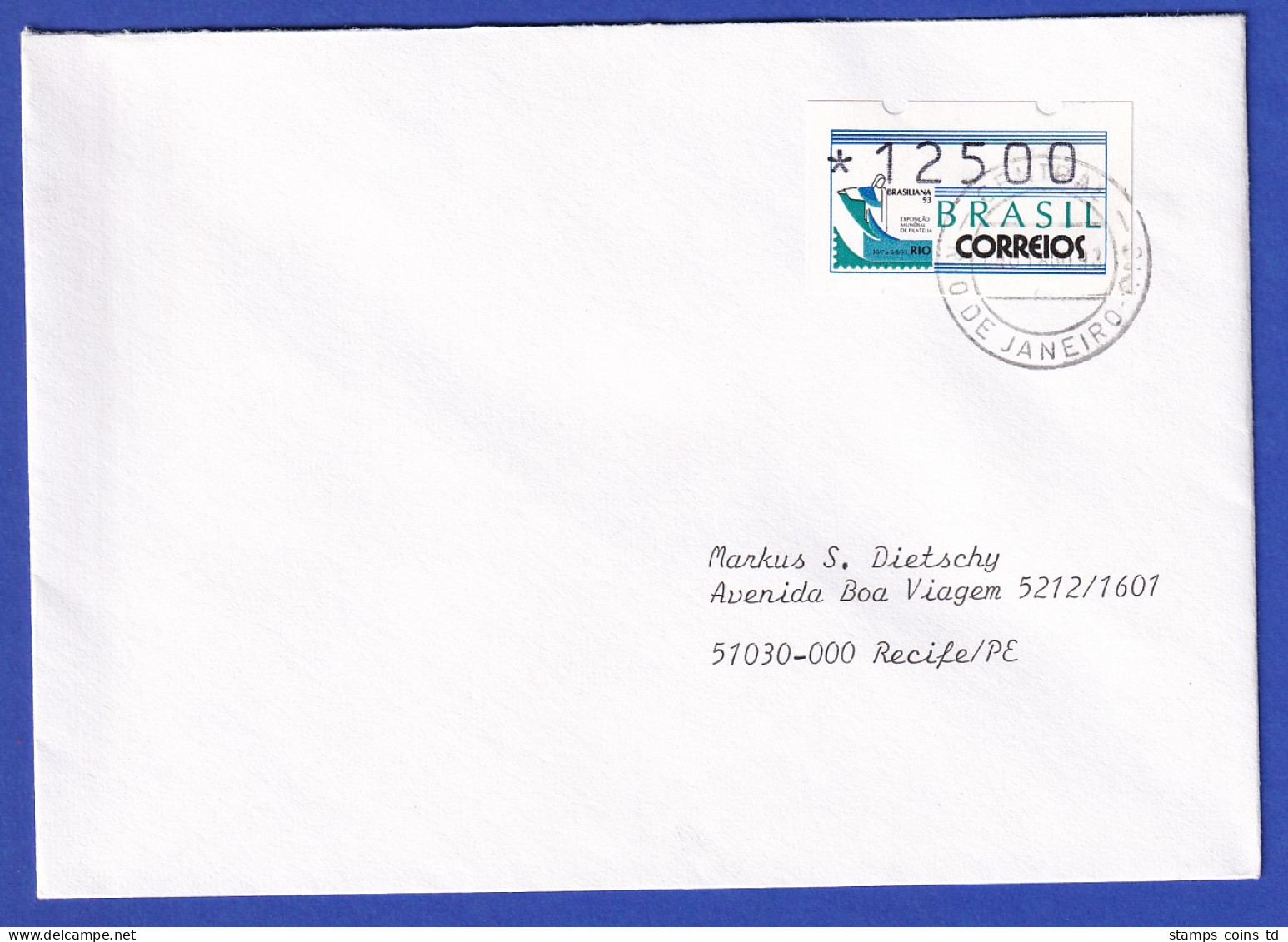 Brasilien ATM BRASILIANA'93 Wert 12500 Auf Inlands-Brief Mit Tages-O Rio Aug.93 - Franking Labels