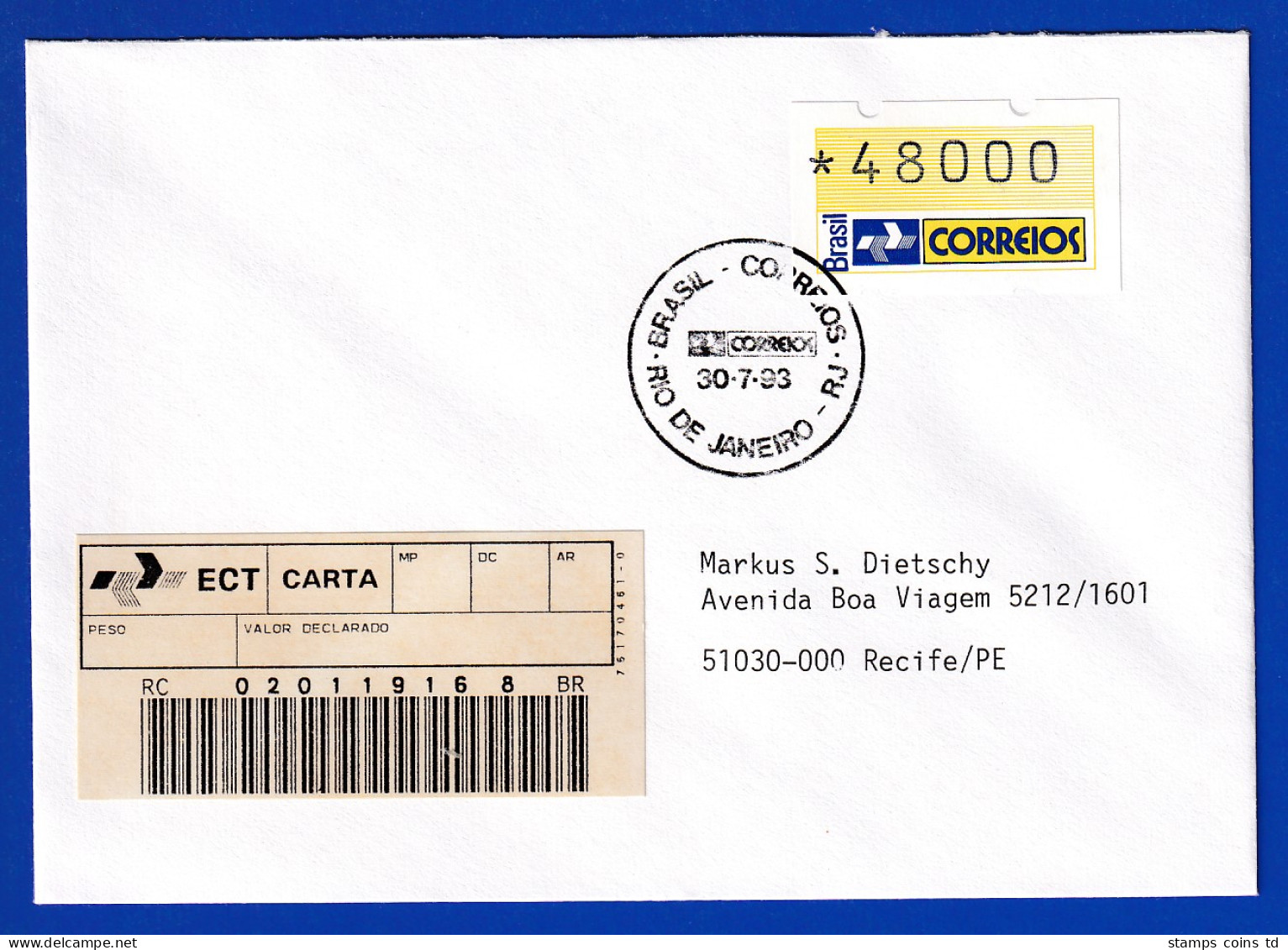 Brasilien 1993 ATM Postemblem Wert 48000 Auf Inlands-R-FDC Mit ET-O 30.7.93 - Viñetas De Franqueo (Frama)