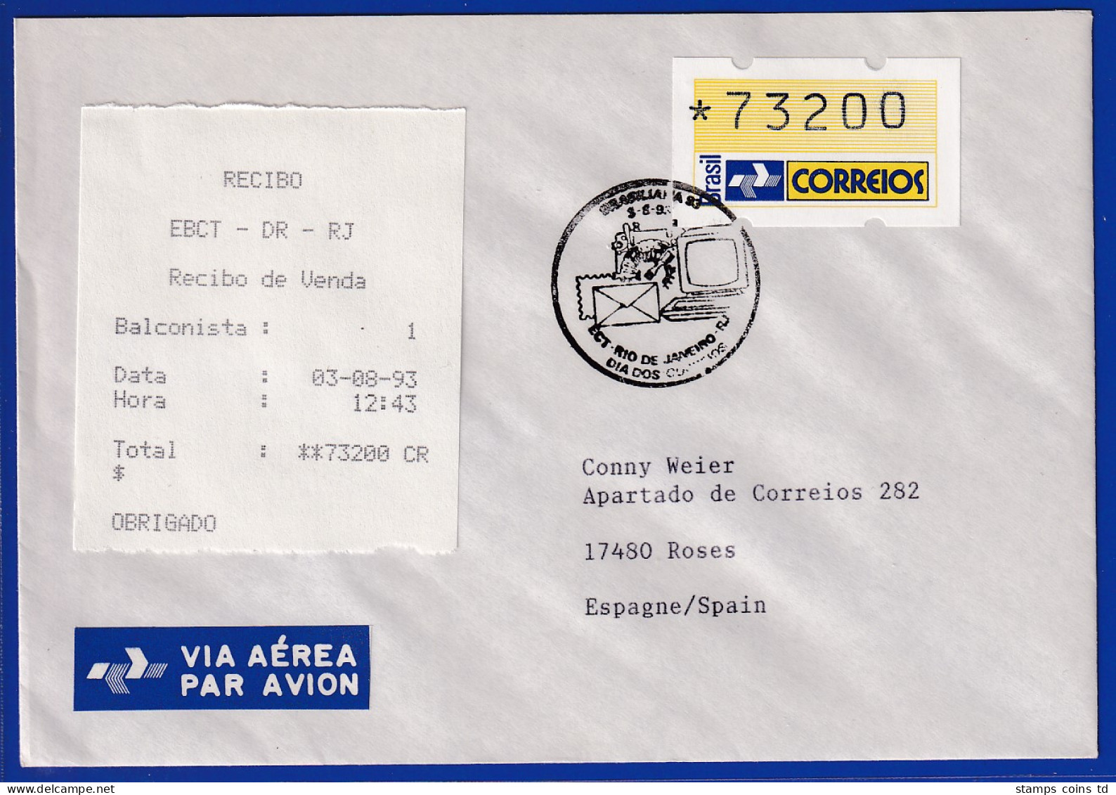 Brasilien 1993 ATM Postemblem Wert 73200 Auf R-Brief,  So.-O 3.8.93, Mit AQ  - Affrancature Meccaniche/Frama