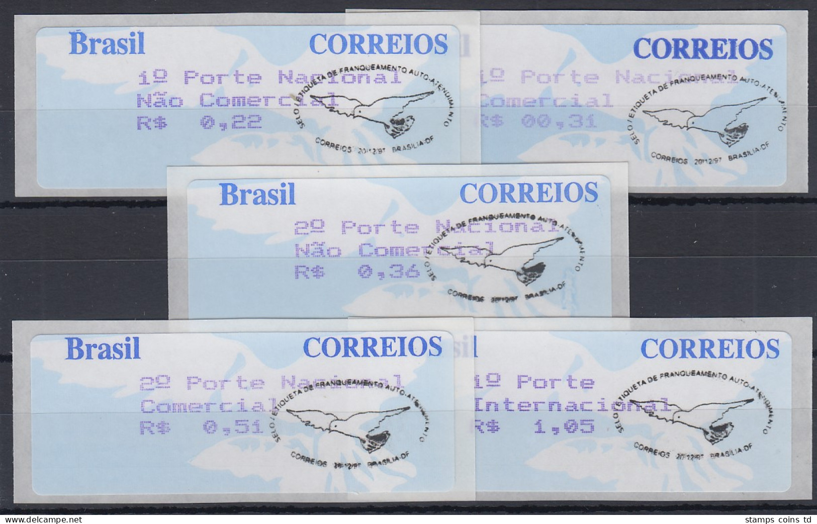 Brasilien Selbstkl. ATM 1997, Wert 3-stellig, Satz 5 Werte  22-31-36-51-105 ET-O - Frankeervignetten (Frama)