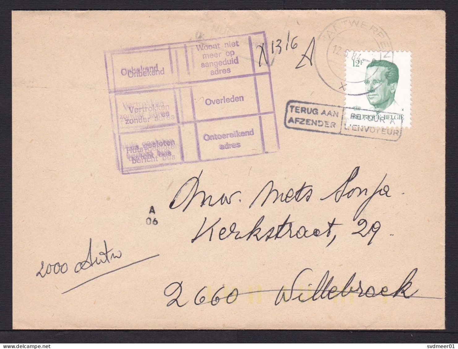 Belgium: Cover, 1984, 1 Stamp, King, Returned, 2x Retour Cancel (minor Damage) - Lettres & Documents