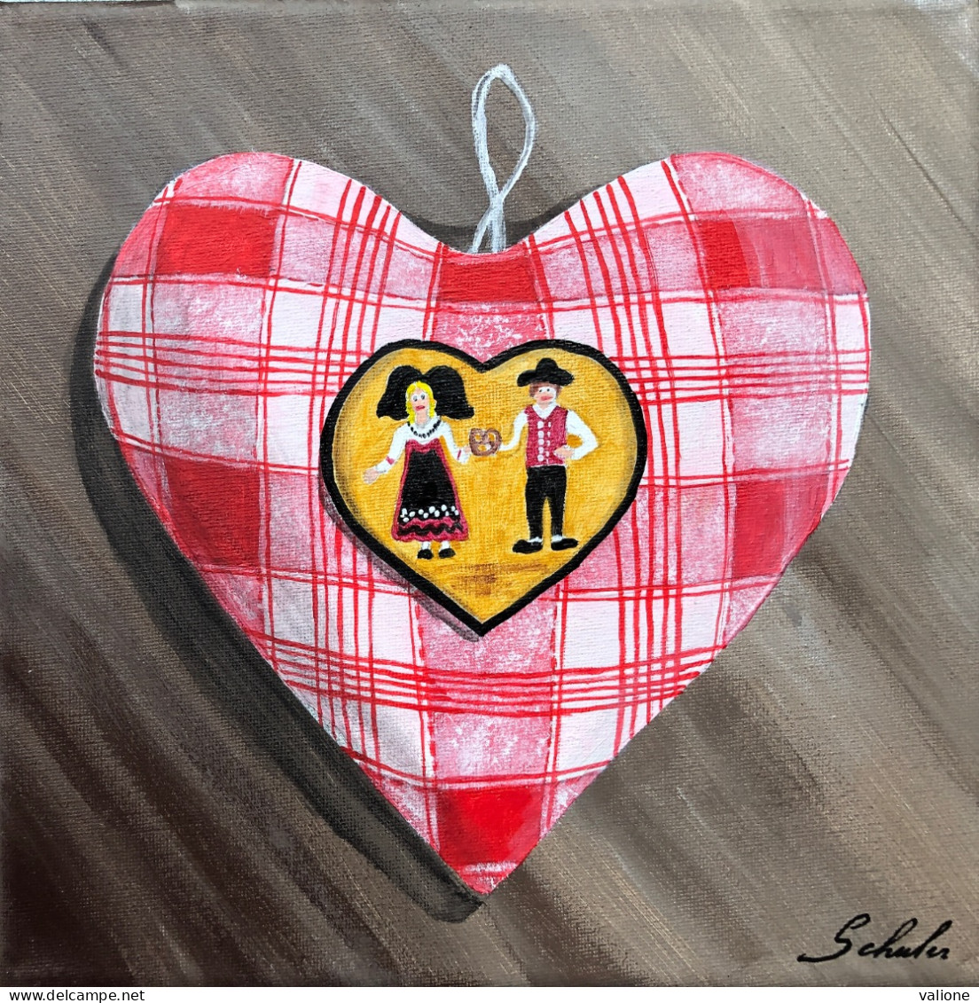 Tableau Peinture Coeur Alsacien En Kelsch Avec Costumes Traditionnels Et Cigogne. - Acryliques