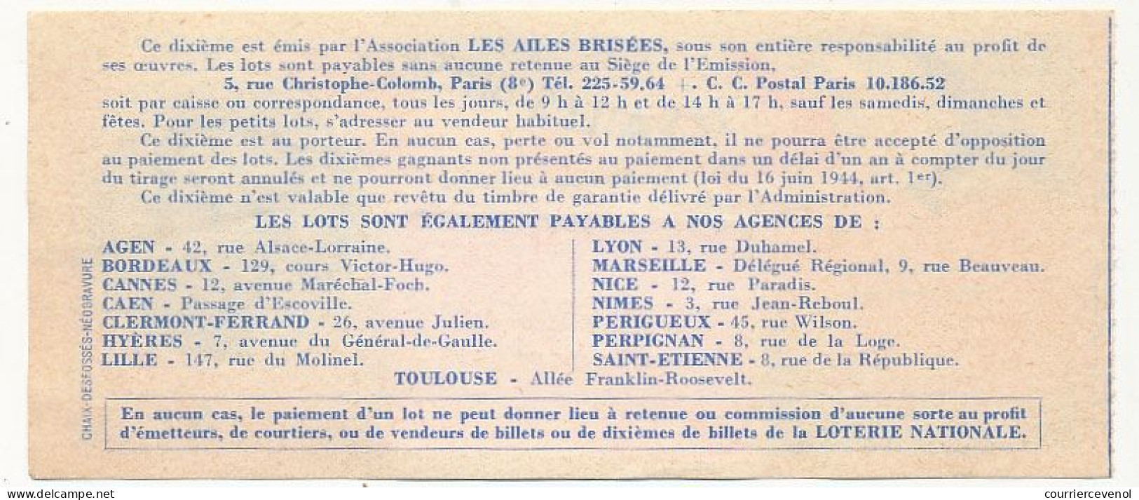 FRANCE - Loterie Nationale - 1/10ème - Les Ailes Brisées - Grands Noms De L' Aviation - Arrachar - 12èm Tr 1968 - Loterijbiljetten