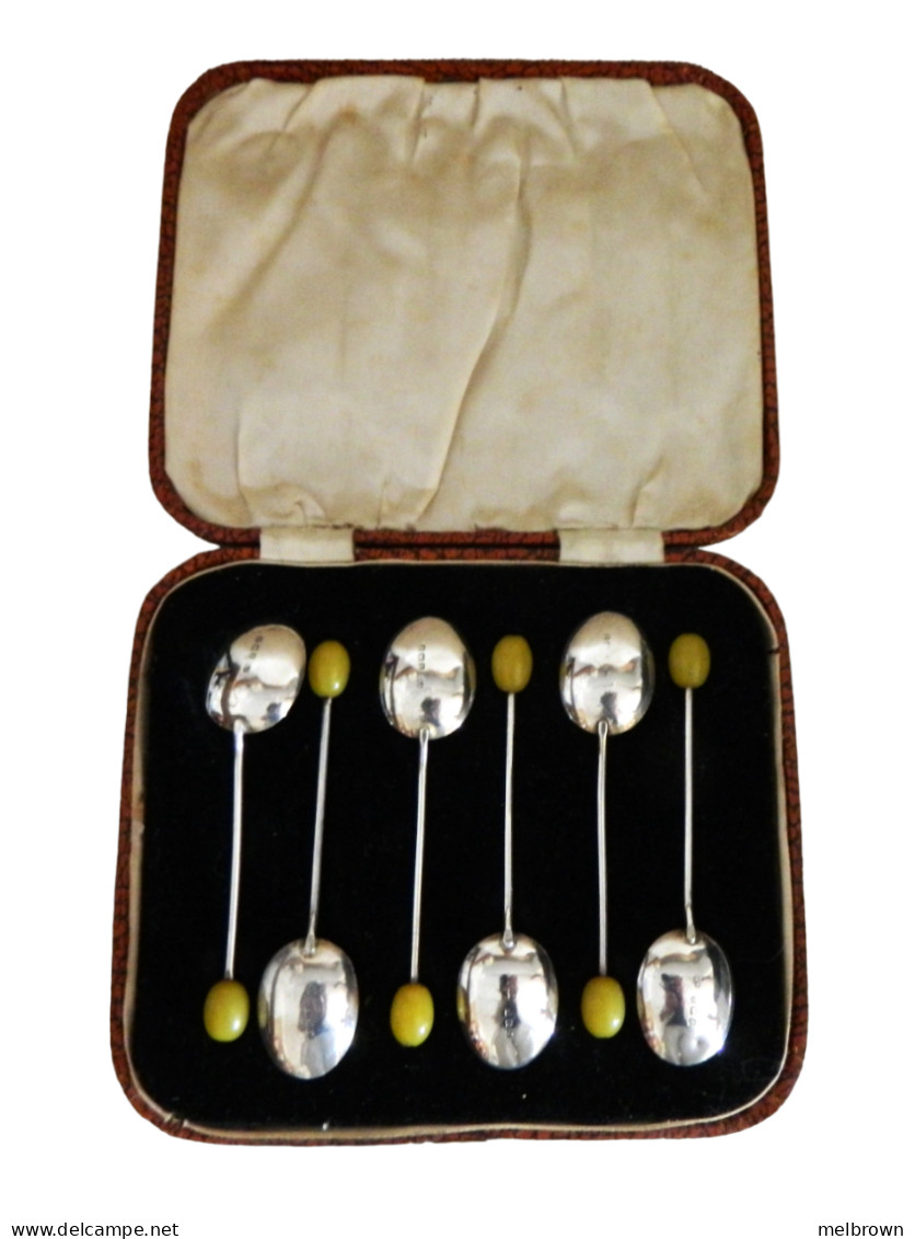 1920's Antique Sterling Silver Yellow-tipped Coffee Bean Teaspoons - Zilverwerk