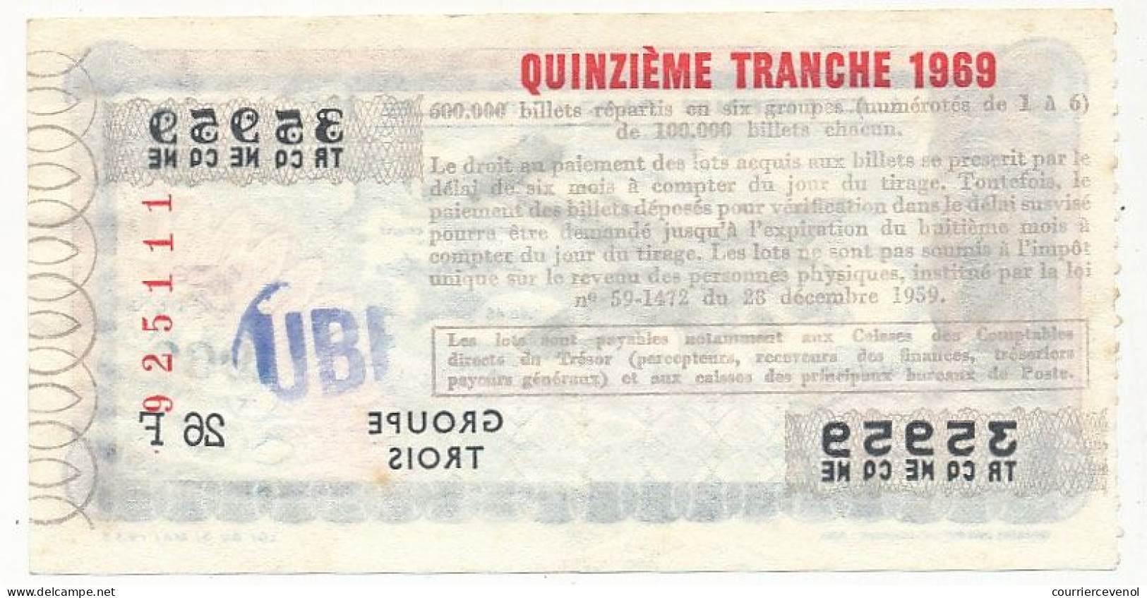 FRANCE - Loterie Nationale - Aviation - Léo 45 - 15ème Tranche 1969 - Lottery Tickets