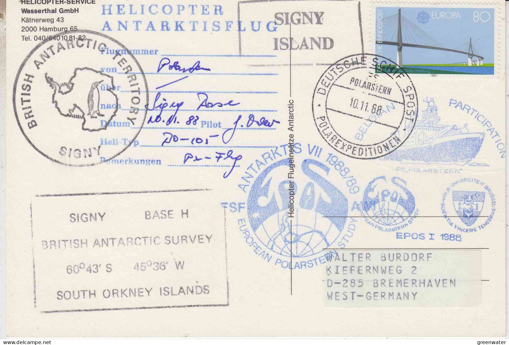 Germany Polarstern Postcard Antarctic Flight From Polarstern To Signy  10.11.1988  (PT161) - Polare Flüge