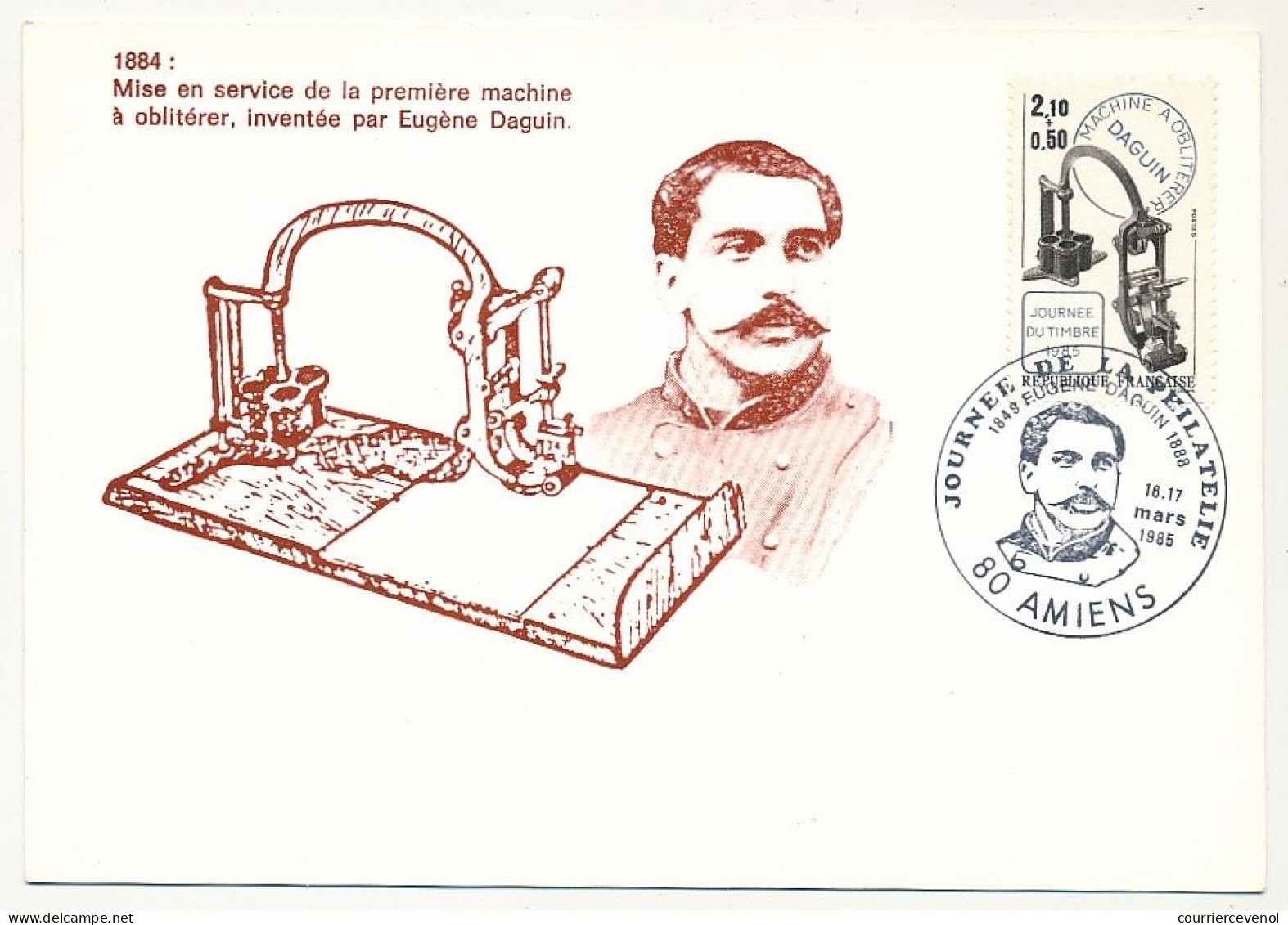 FRANCE => 80 - AMIENS - Carte Maximum "Journée De La Philatélie" 16/17 Mars 1985 - 2,10 + 0,50 Machine Daguin - Cartas & Documentos